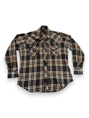 Vintage Lariat Western Shirt Adult LARGE Black Plaid Flannel Pearl Snaps 80s